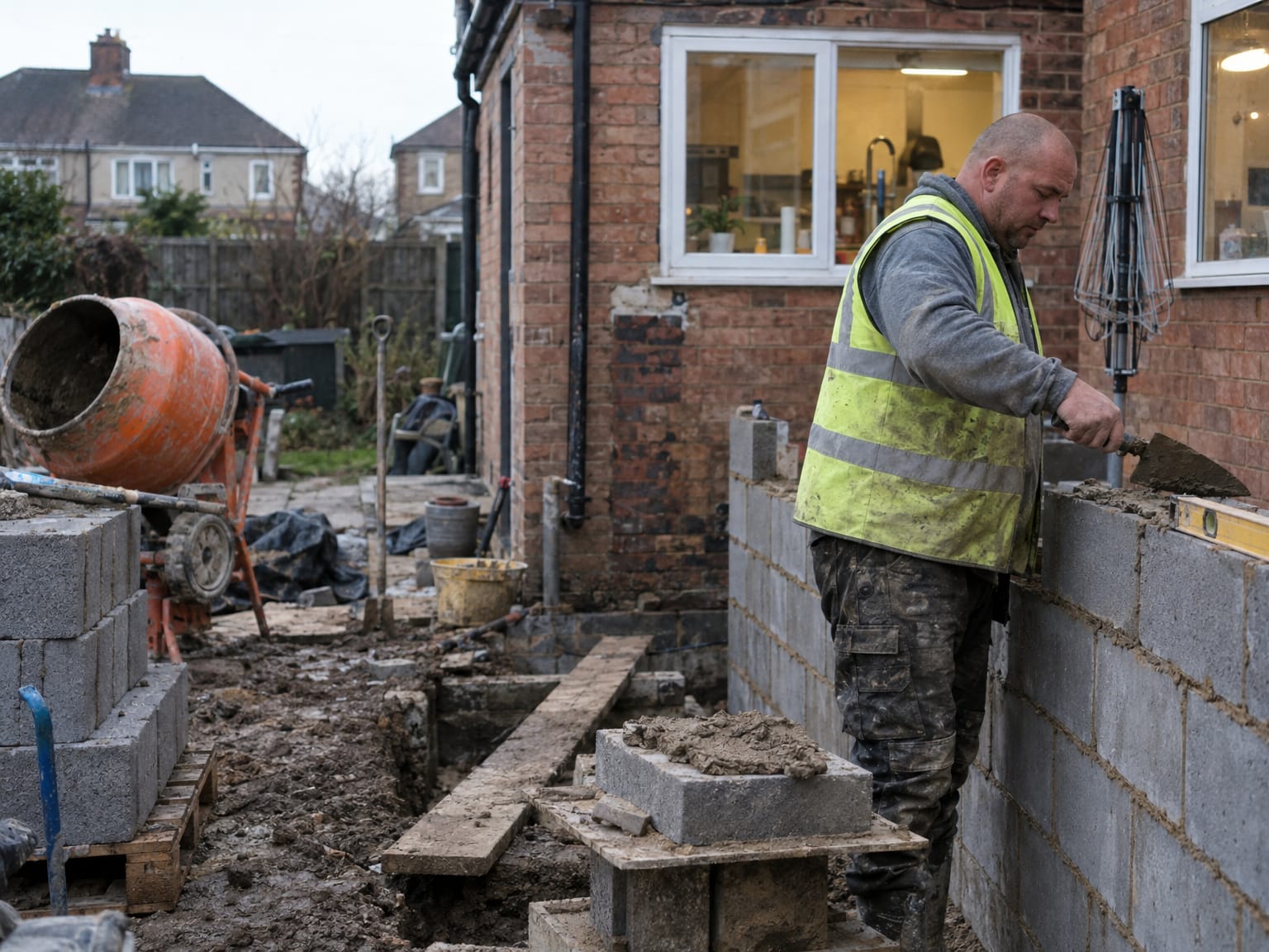 A builder laying blockwork for a rear extension in a back garden, a mixer beside him