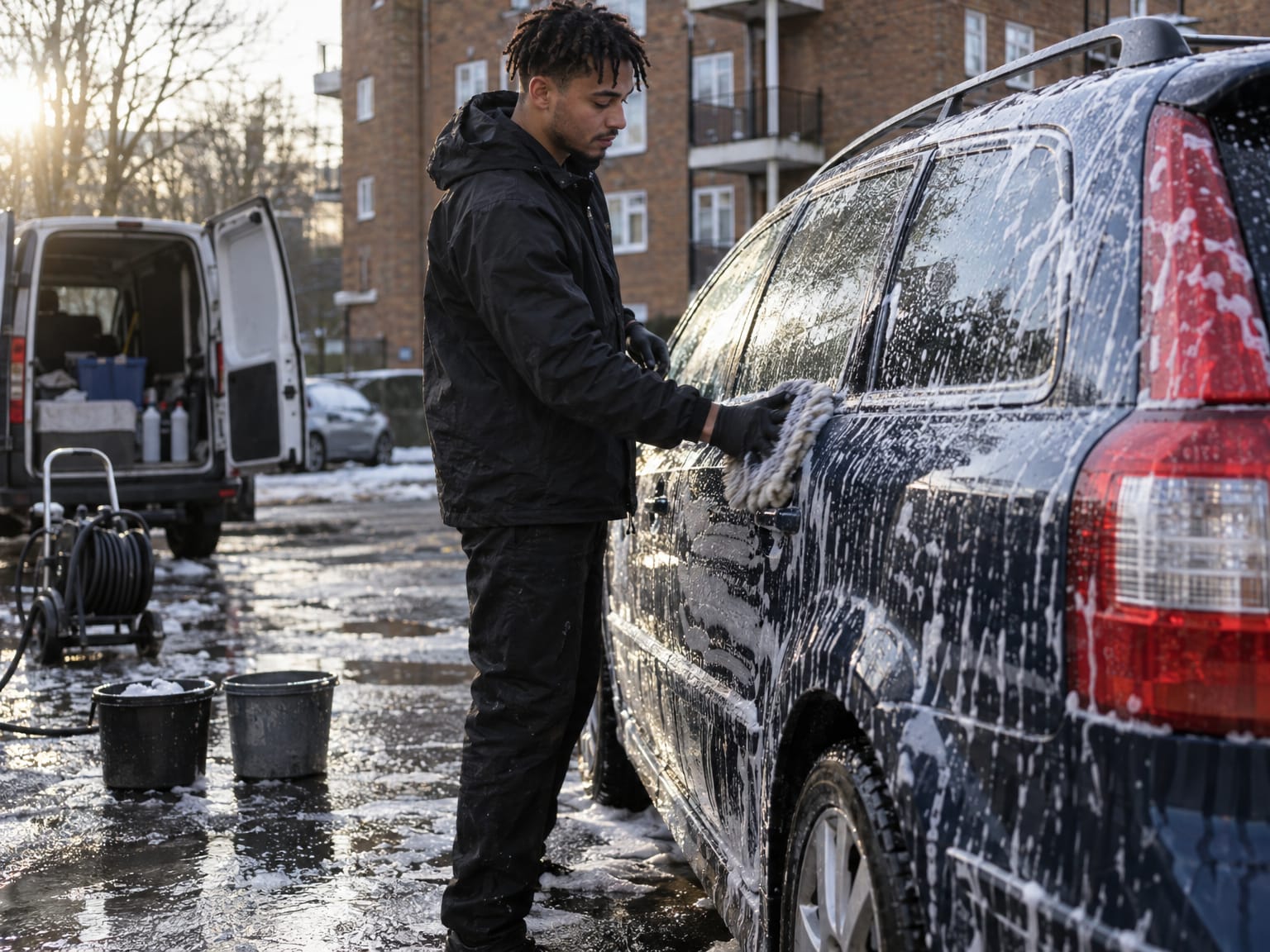 A valeter washing the foam off a dark estate car with a wash mitt on a wet car park