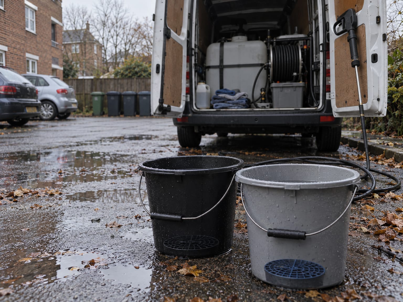 A valeting van with a water tank in its open rear doors, buckets on the wet car park