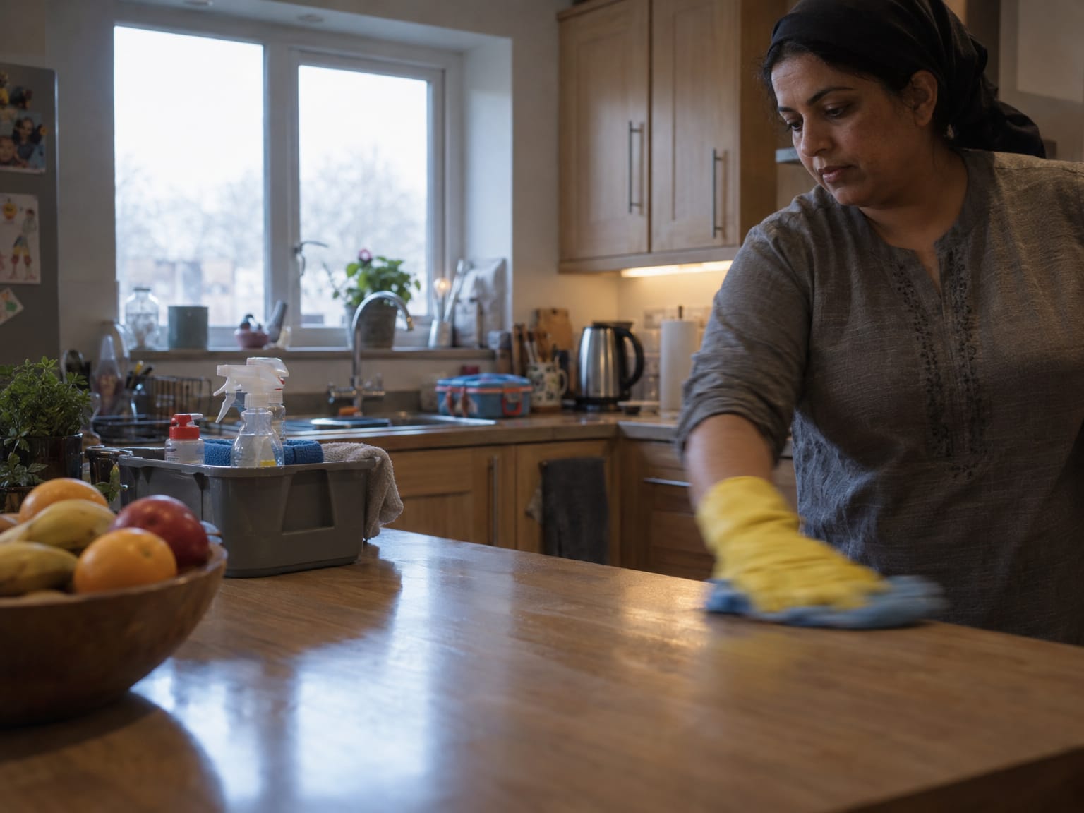 A cleaner in yellow gloves wiping down a kitchen island, a caddy of sprays beside her