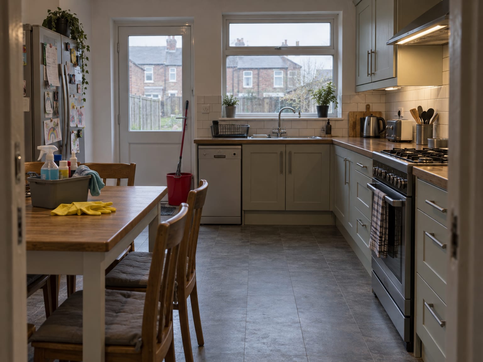 An empty terrace kitchen with a caddy of cleaning sprays and yellow gloves on the table, a mop by the back door