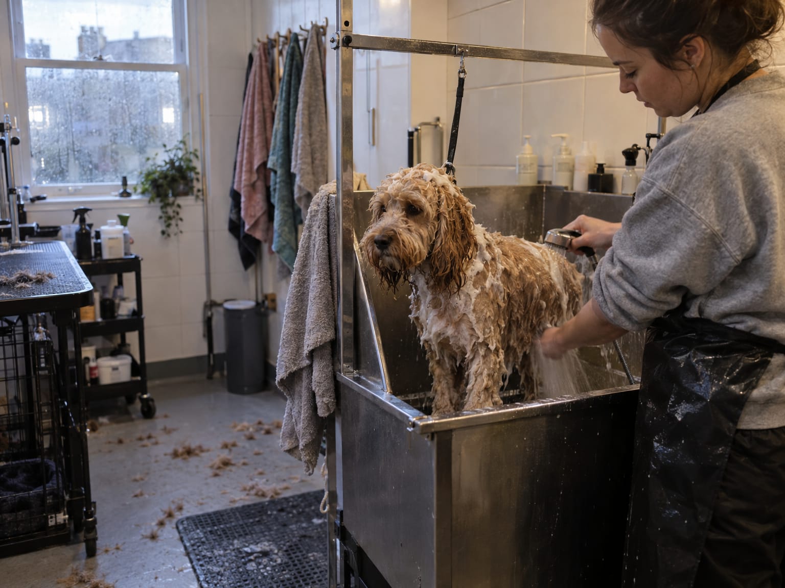 A dog groomer in a black apron rinsing a foam-covered cockapoo in a stainless-steel bath