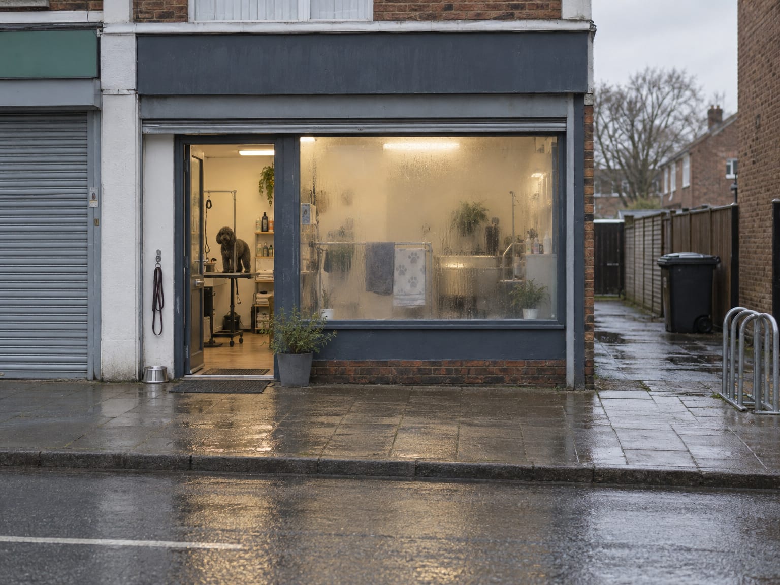 The front of a small grooming salon on a parade of shops, the window steamed up and a water bowl by the door