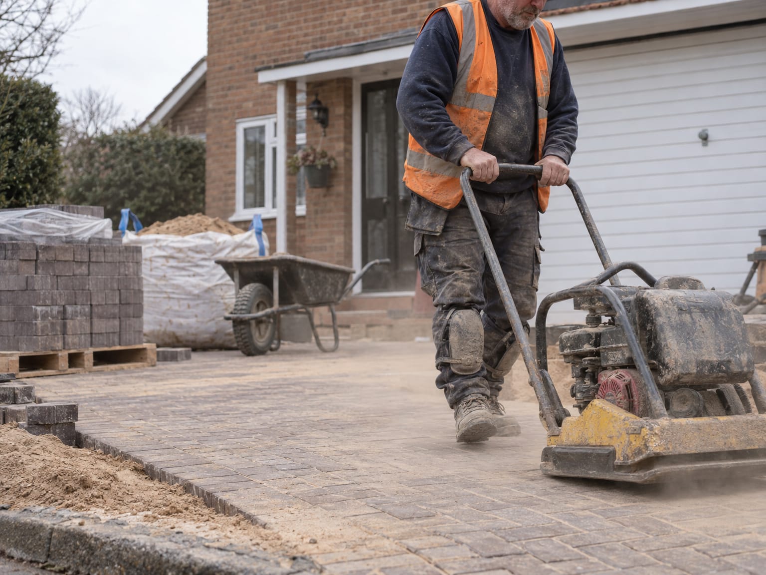 A paving contractor steering a plate compactor across a half-laid block paved drive