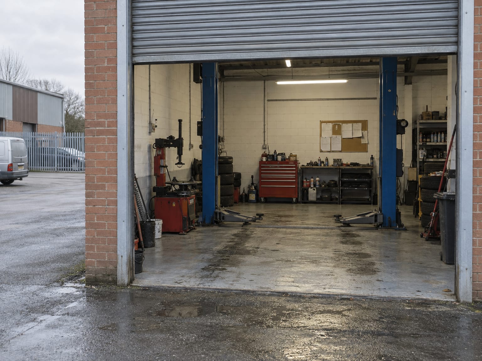 An empty garage bay with a two-post lift, seen from the yard under a half-open roller door