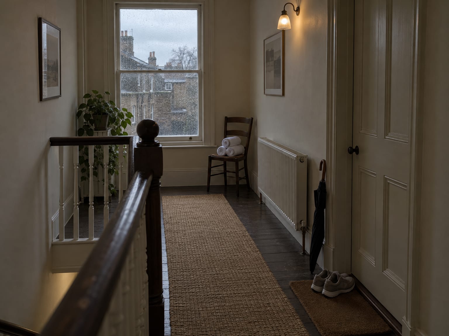 An empty upstairs landing with the treatment room door shut and rolled towels on a chair