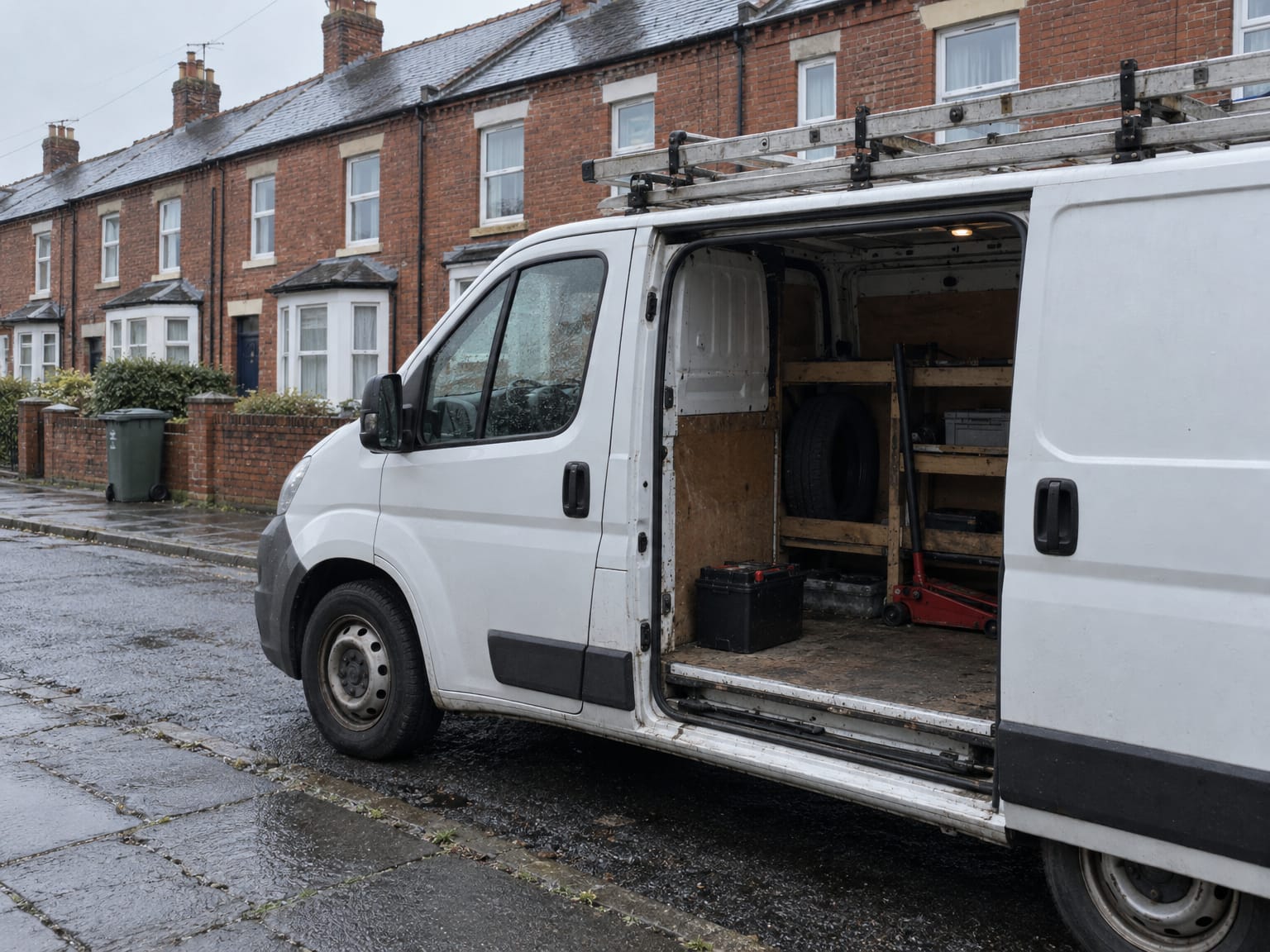 A white van with its side door open at the kerb of a terraced street, a battery on the van floor