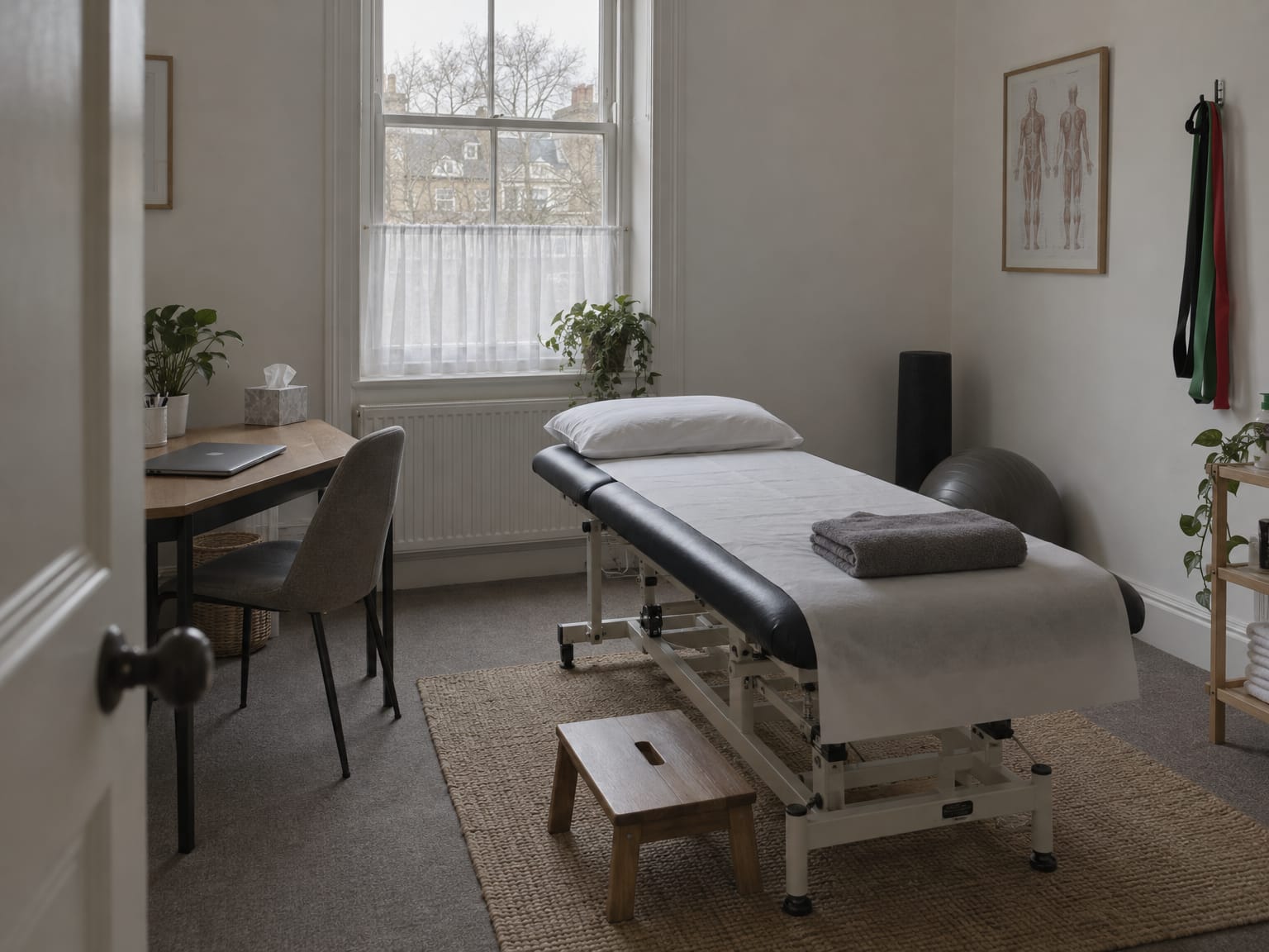 An empty physio treatment room, a couch with fresh paper roll, resistance bands on a hook