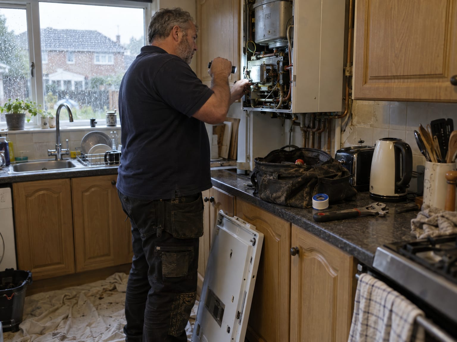 A heating engineer standing at a combi boiler with the cover off, rain on the kitchen window