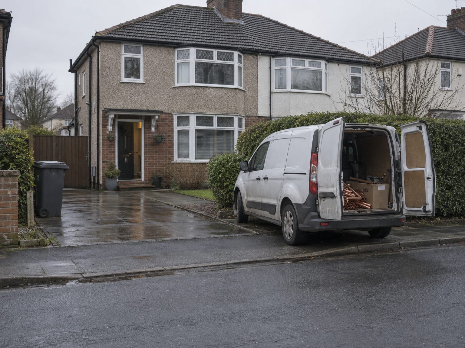 A plain white van parked on the pavement outside a pebble-dashed semi, rear doors open
