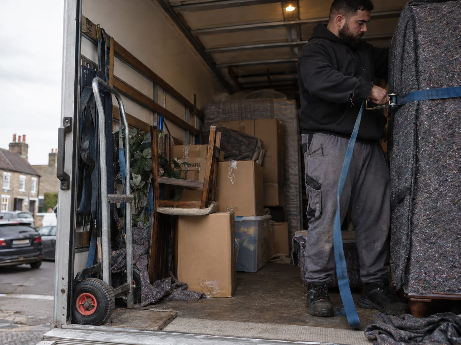 A removals man inside a Luton van strapping a blanket-wrapped wardrobe to the side wall
