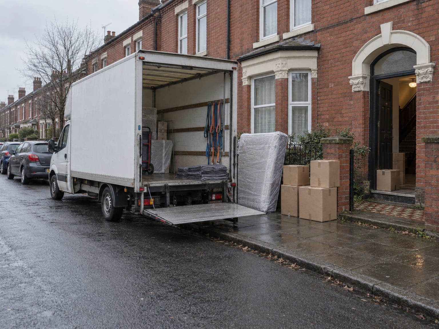 A Luton van with its tail lift down outside a terrace of flats, boxes stacked on the pavement