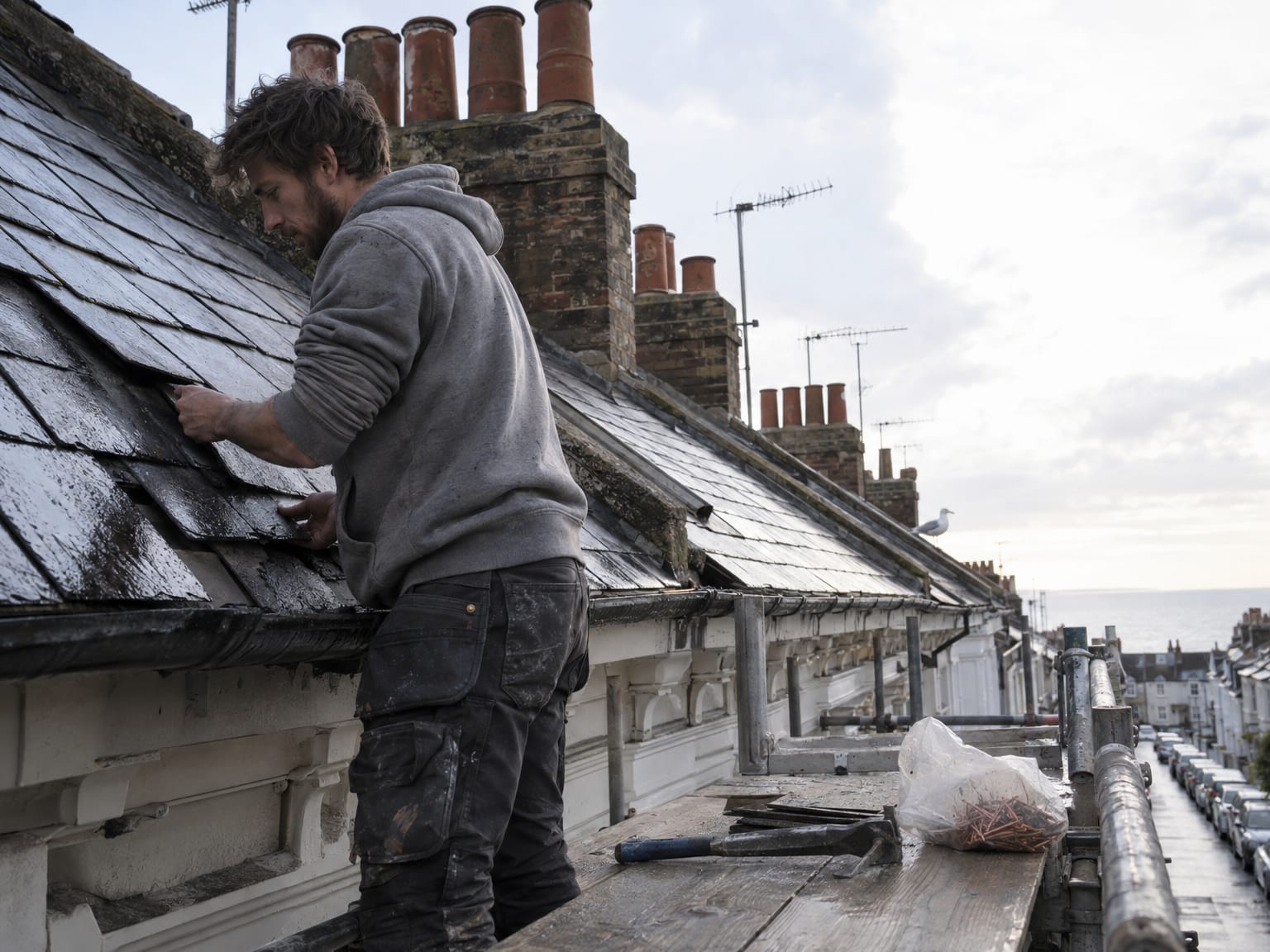 A roofer on a scaffold at the eaves of a terrace refixing slates, chimney pots behind