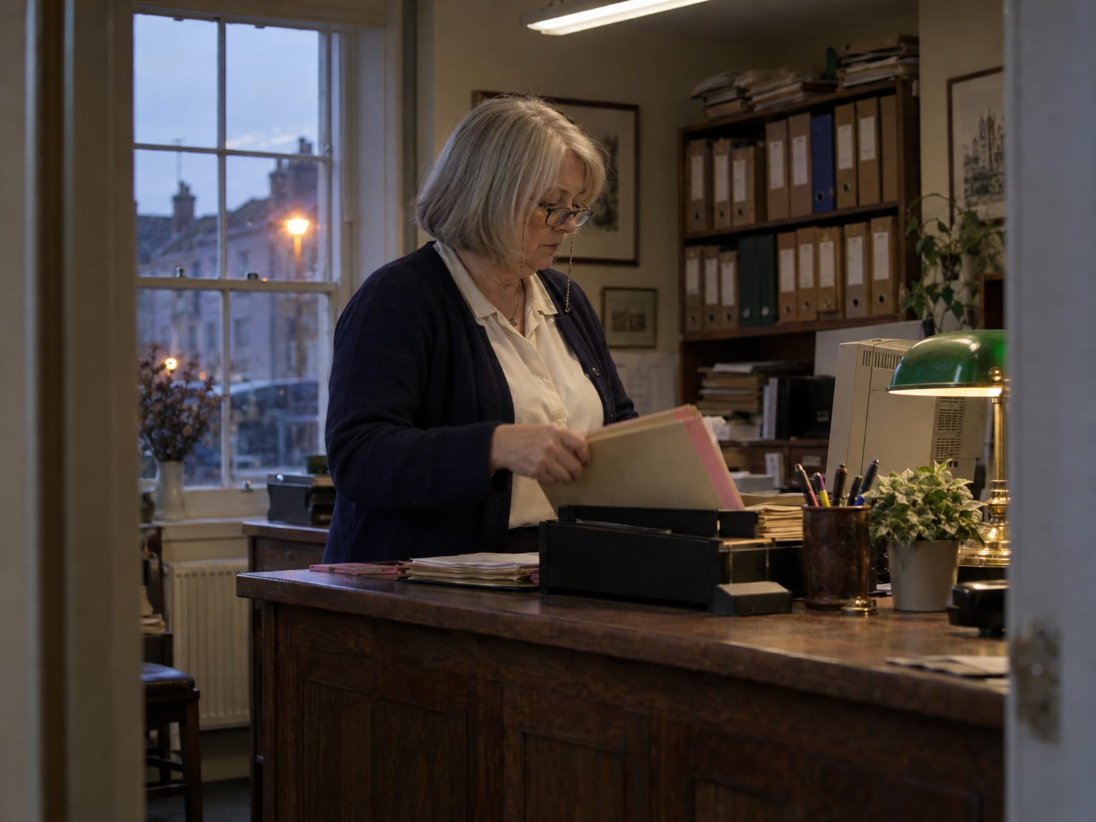 A solicitor’s receptionist filing a buff folder at an oak counter in a small office
